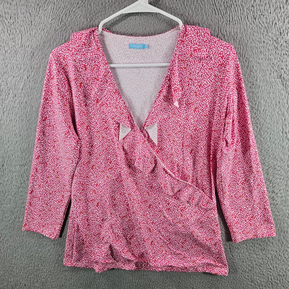 J.McLaughlin Womens‎ Pink Abstract Ruffle V-Neck Faux Wrap Top Size M 3/4 Sleeve